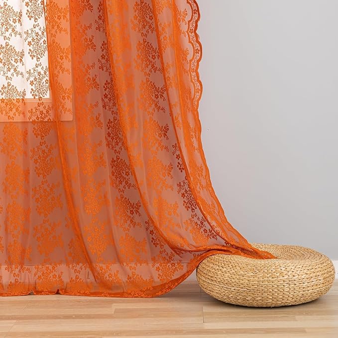 YJ YANJUN Lace Curtains 80 Inches Long, Burnt Orange Sheer Curtain Panels | Rustic Bohemian Floral Pattern, Light Filtering, Boho Autumn Fall Decor for Living Room Bedroom Closet, 2 Panels 52W x 80L