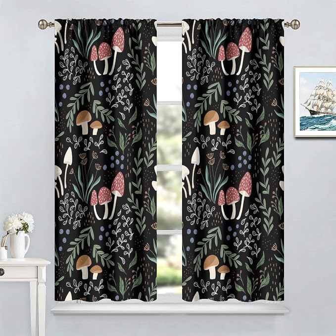 Mushroom Curtains, Cartoon Green Leaves Mushroom Wildflower Plant Botanical Boho Herb Nature Garden Print Blackout Window Drapes for Living Room Kids Bedroom 63x63in
