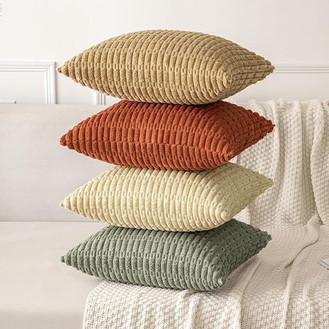 MIULEE Pack of 2 Corduroy Decorative Euro Sham Throw Pillow Covers 24x24 Inch Soft Boho Striped Pillow Covers Modern Farmhouse Home Decor for Summer Sofa Living Room Couch Bed Light Olive Green