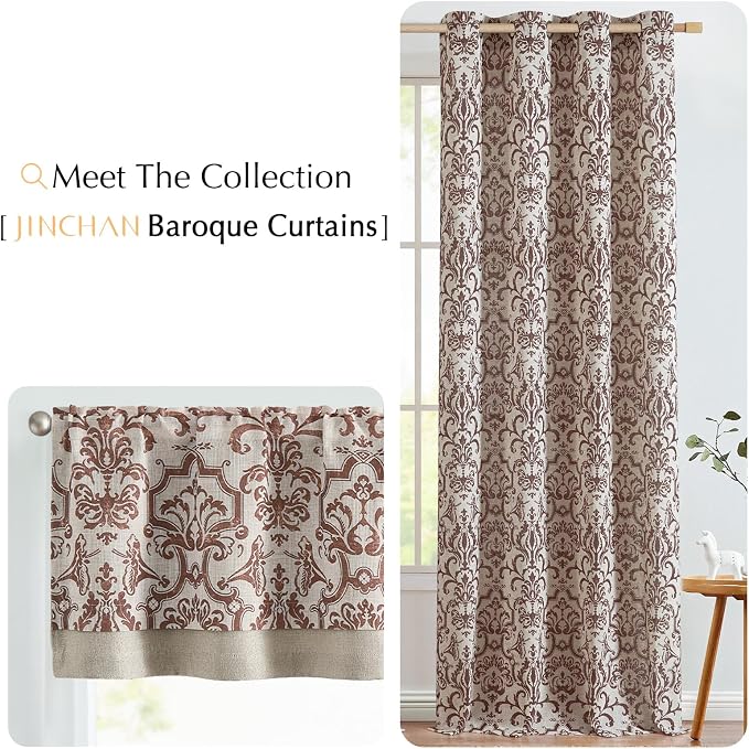 jinchan Linen Valance Curtain for Kitchen Vintage Damask Floral Blackout Valance Double Layer Small Window Curtain for Living Room Bedroom Bathroom 18 Inch Rod Pocket 1 Panel Terracotta on Beige