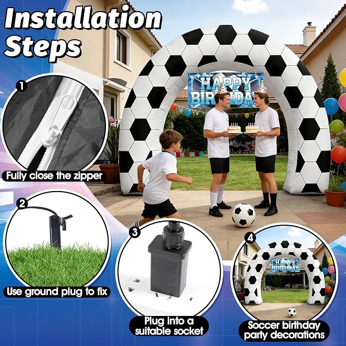 8FT Giant Soccer Inflatable Arch, Match Day Viewing Party Decorations for Fans, Soccer Sports Tournament Game Day Photo Backdrop with 1 Blower, 2 Banners & 3 LED Lights, Birthday Party Blow-Up Decor