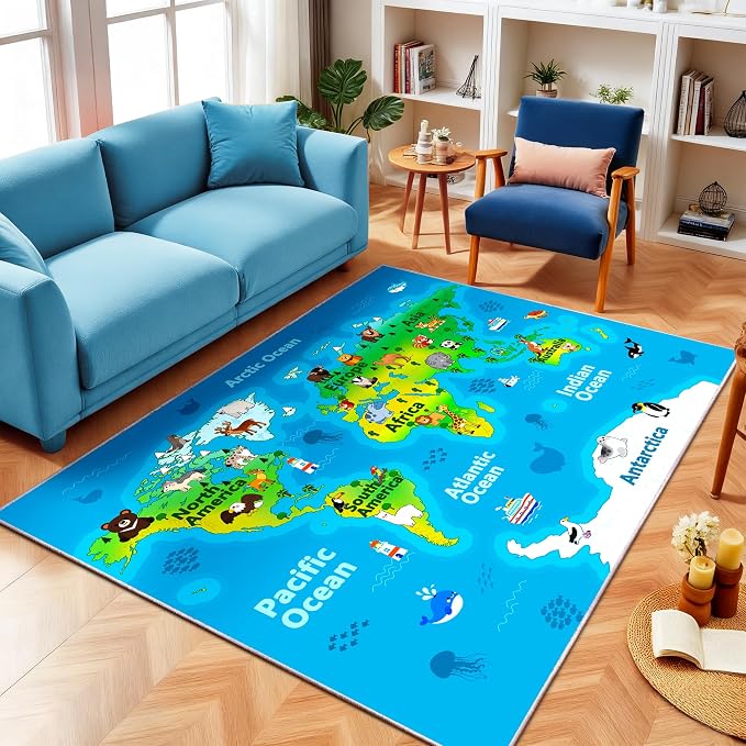 Kids Playroom Rug, 7x9ft World Map Rugs with Cute Animals, Washable Durable Soft Carpet Kid Educational Rugs for Boys Girls Bedroom Nursery Classroom