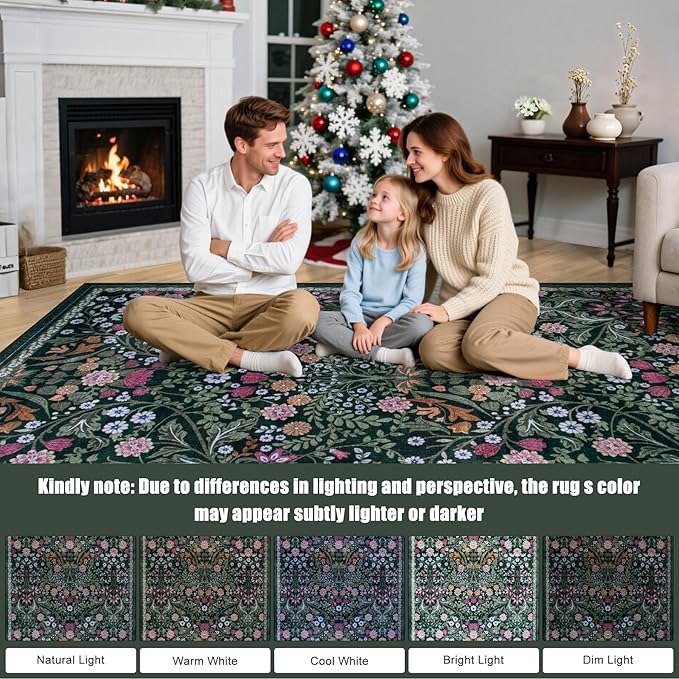 Round Area Rug for Living Room: 8 ft Floral Washable Circle Rug Soft Boho Non-Slip Carpet Indoor Floor Stain Resistant Low Pile Small Circular Rug for Bedroom Entryway Kitchen Nursery Dark Green