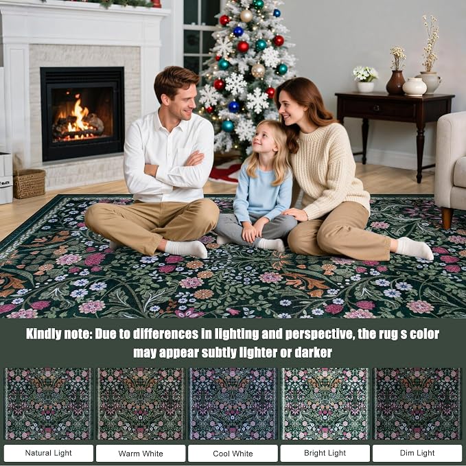 10x12 Area Rugs for Living Room: Floral Washable Rug Vintage Large Soft Boho Non-Slip Carpet Stain Resistant Low Pile Carpets for Bedroom Dining Room Farmhouse Nursery Hallway Home Office Dark Green