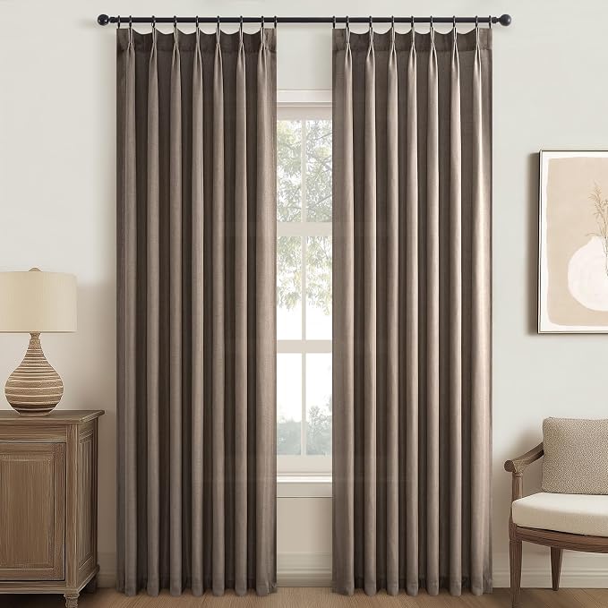 Pinch Pleated 92 Inch Curtains 2 Panels for Living Room Dark Flax Linen Curtains 92 Inches Long Pinch Pleat Drapes for Track System Light Filtering Semi Sheer Curtains for Living Room Bedroom