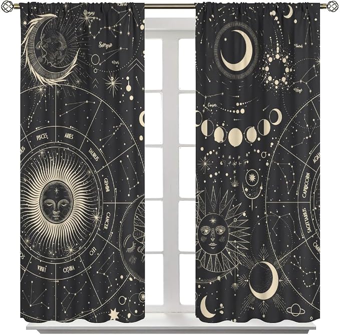 Golden Sun Moon Blackout Curtains, Starry Retro Bohemian Sun Moon Star Mysterious Universe Retro Window Drapes, for Bedroom Living Room 52" W X 84" L