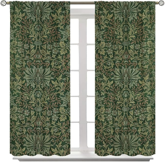 Bohemia Art Blackout Window Curtains, William Morris Original Design Green Garden Vintage Curtains, for Living Room Bedroom 42(W)*84(L) 2 Panels
