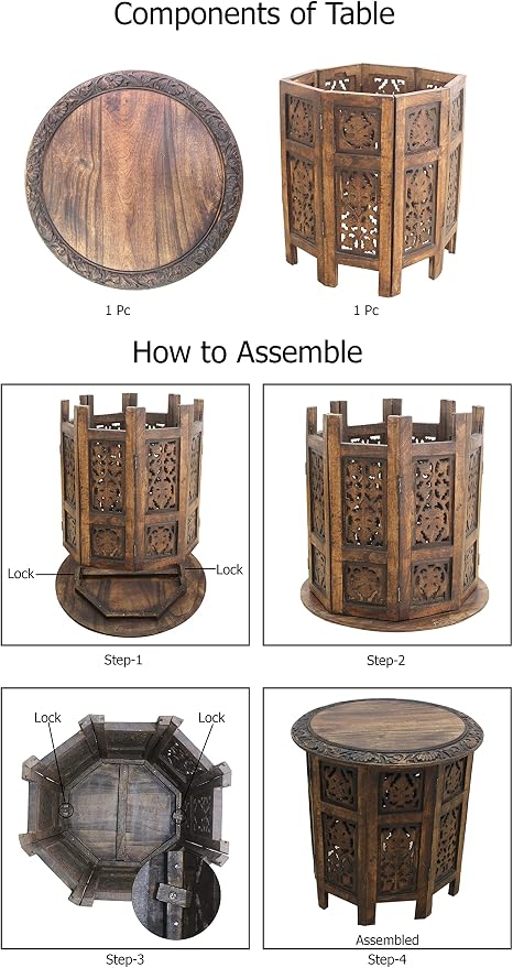 Solid Wood Accent End Table - Hand Carved Vintage Boho Folding Side Table - Small Spaces Entryway Farmhouse Living Room Bedside - No Tools Assembly -18x18 Round - Jaipur Antique Brown -Cotton Craft
