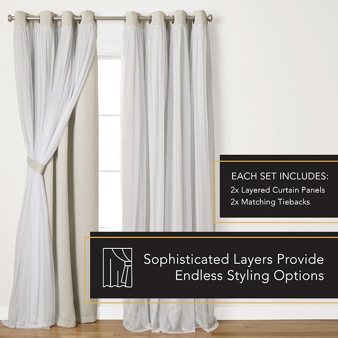 TOWN & COUNTRY LUXE Talia Double Layer Indoor Curtains, Sheer and Room Darkening Blackout, Grommet Top, Energy Efficient, 2-Pack Set, 52"x96", Cloud Grey