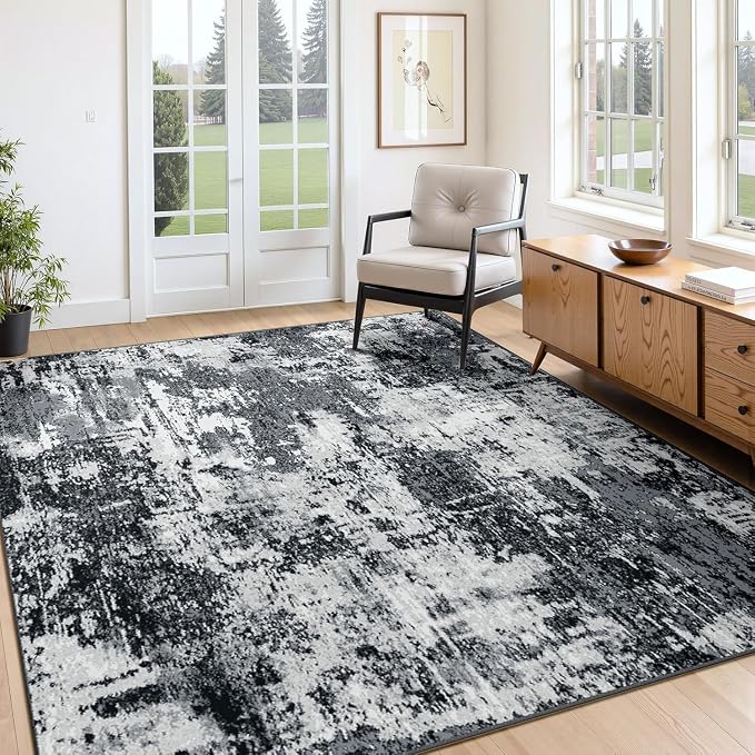 RELEANY Washable Area Rugs 5'x8' Non-Slip Modern Abstract Soft for Living Room Entryway Bedroom Kitchen, Print Pattern, Black Navy Blue Gray