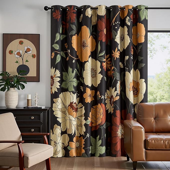 jinchan Lora Floral Curtain for Living Room Blackout Drape for Sliding Door Extra Wide Room Darkening Fall Decor Vintage Boho Flower Print Patio Door Curtain Grommet 1 Panel W100xL84 Inch Black