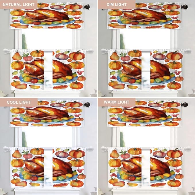 Shrahala Turkey Pumpkin Thanksgiving Blackout Curtain Tiers, Watercolor Fruits Delicious Food Pears Kitchen Valance Light Blocking Tier Drapes with Rod Pocket, 2 Pack 26 X 24 in