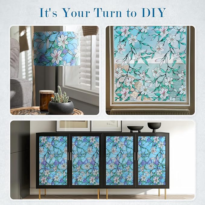 rabbitgoo Stained Glass Window Film, Anti UV Heat Blocking Privacy Film for Glass Window Door Covering, Static Cling Removable Decorative Privacy Sticker for Bathroom, Blue Lily, 23.6 x 157.4 Inches