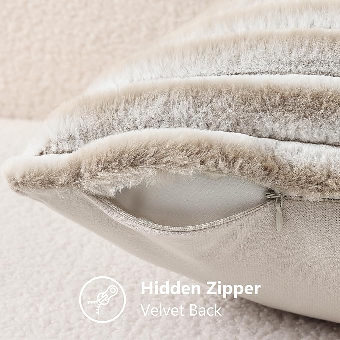 decorUhome Fall Cozy Faux Fur Throw Pillow Covers 18x18 Set of 2 Decorative Soft Plush Striped Modern Farmhouse Boho Couch Pillow Cases with Velvet Back for Sofa Bed Living Room, Beige White