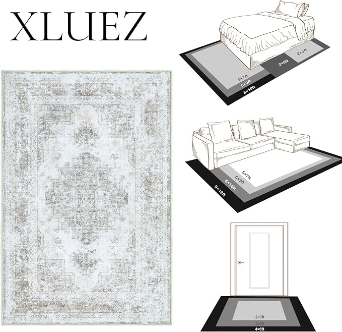XLUEZ Area Rug 6x9 Living Room Rug, Machine Washable Vintage Distressed Medallion Rug Non-Slip Soft Low Pile Large Indoor Rugs for Bedroom Kitchen Dining Room Office(Taupe,6'x9')
