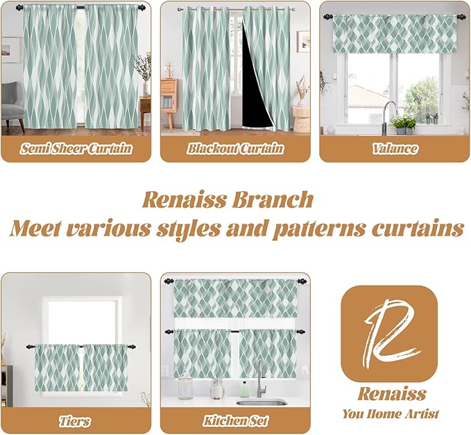 Renaiss 26 x 54 Inch Blue Green Wave Stripes Cafe Kitchen Curtain Tiers Geometric Pattern Cafe Short Curtains Linen Textured Rod Pocket Window Treatmen Curtain for Dining Room Bathroom 2 Panels