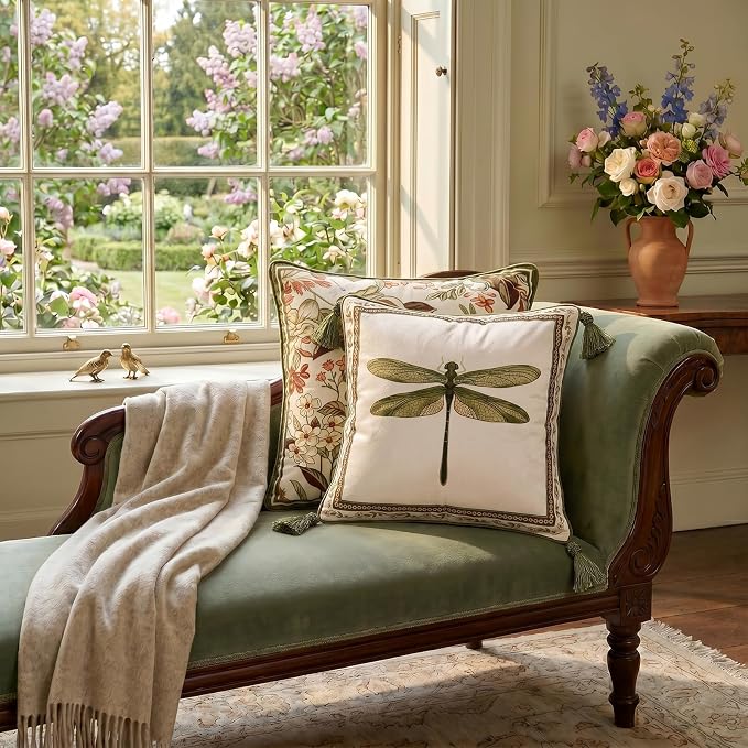 ISAENNE Designer Vintage French Velvet Throw Pillow Cover,18"x18"-Grace C | Pillow Cover,Concealed Zipper Design,Dragonfly Pattern,Sofas,Bedroom,Living Room,Lounge Chairs,All Season Home Decor