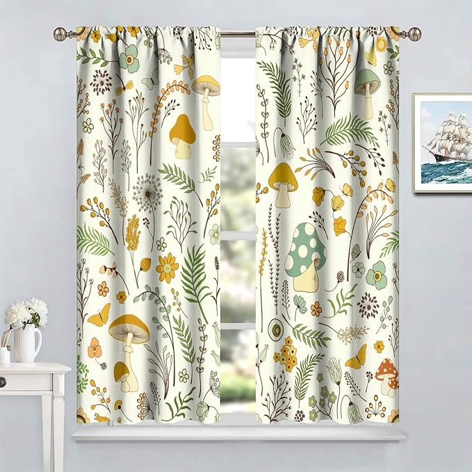 Wild Mushroom Curtains, Vintage Botanical Rustic Retro Wildflower Herbs Plants Green Mushroom Blackout Window Treatments for Living Room Kitchen Bedroom 63x72in