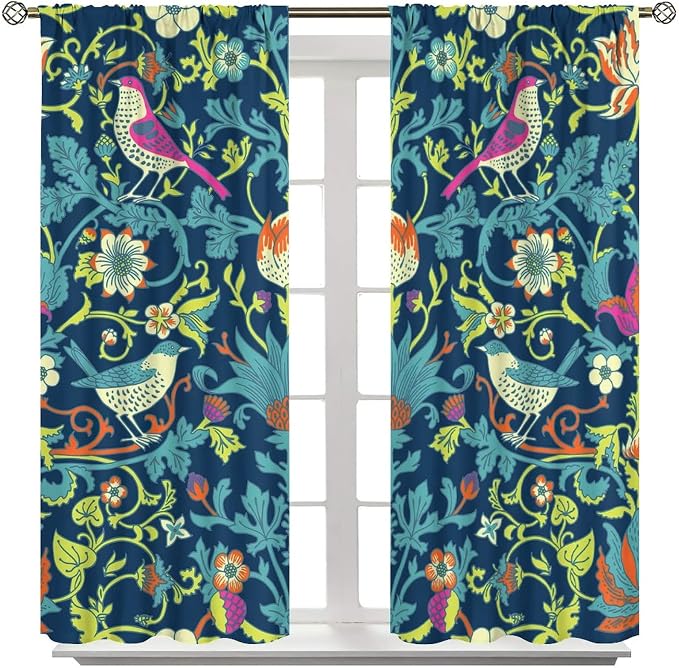 Boho William Morris Art Blackout Window Curtains, Magical Forest Vintage Flowers and Birds Rod Pocket Curtains, for Living Room Bedroom 26(W)*84(L) 2 Panels