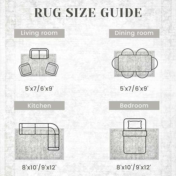 8x10 Area Rugs for Living Room: Washable Large Vintage Floral Rug Low Pile Non-Slip Boho Carpet for Bedroom Dining Home Office (Grey, 8'x10')