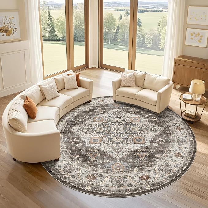 Round Rug Living Room Rugs: 10x10 Washable Boho Neutral Large Circle Soft Indoor Floral Stain Resistant Floor Farmhouse Carpet for Bedroom Nursery Kids Playroom Office Dining Room Dorm- Grey Brown