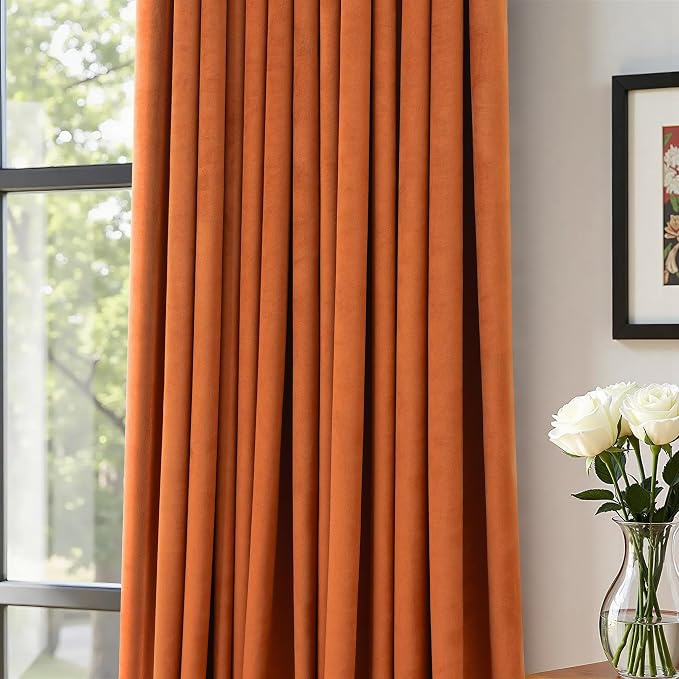 Burnt Orange Velvet Curtains 96 Inches Long for Bedroom 2 Panels Back Tab Luxury Textured Light Blocking Soundproof Autumn Drapes Rust Terracotta Living Room Darkening Curtains Boho Modern Farmhouse