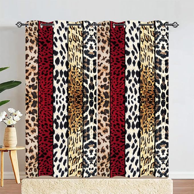 Wild Animal Print Curtain, Room Darkening Thermal Insulated Blackout Leopard Boa Window Drapes with Grommets for Living, Dining, Bedroom, Red Leopard Print, 42"x 84", 2 Panels