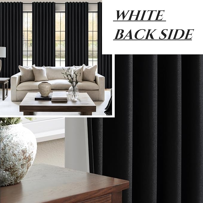 Extra Long 132 Inch Black Curtains for Living Room,Luxury Linen Blackout Ceiling Track Curtain Rod Pocket for Sliding Glass Door Thermal Large Window Pleated Heavy Drapes 2 Panels Set(W50"xL132")
