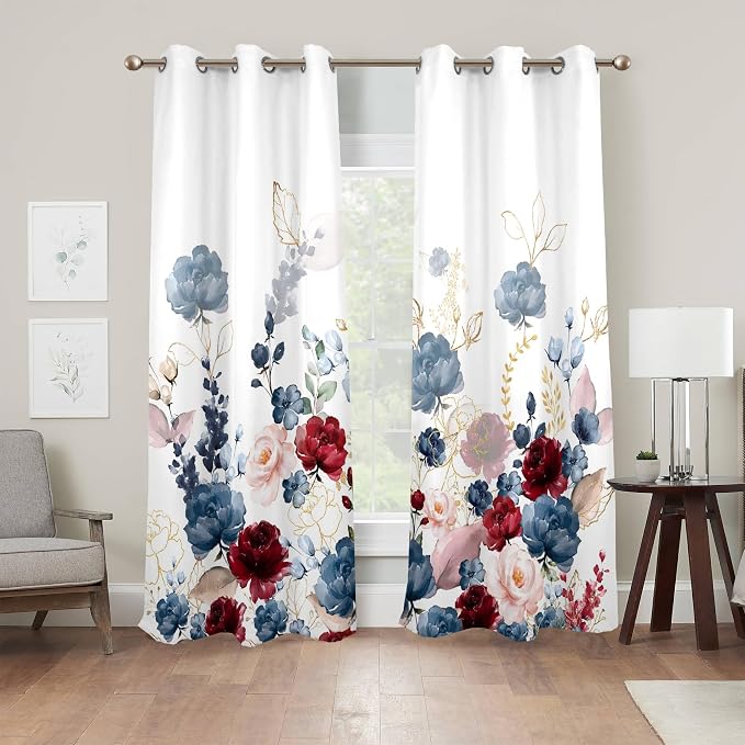 Renaiss Floral Blackout Curtains Watercolor Gray Blue and Red Peony Flower Bloossom Thermal Insulated Window Drapes for Bedroom 53W x 108L inches 2 Panel Set Window Curtains for Living Room