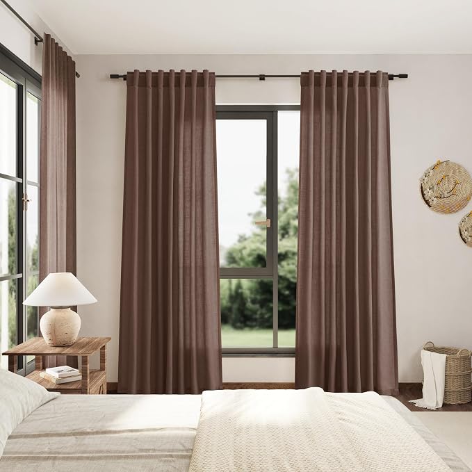 Nanspring Mocha Mousse Curtains 108 Inches Long 2 Panels Set Back Tab Loop Pocket Linen Blend Light Filtering Semi Sheer Boho Large Window Decor for High Ceiling Living Room 52x108