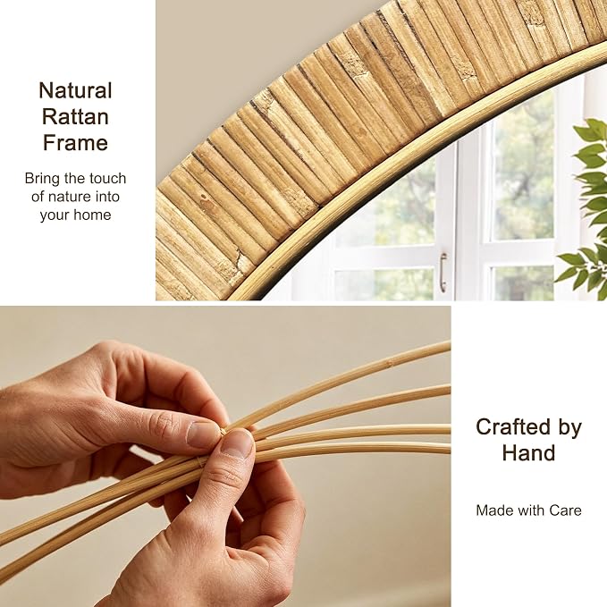 Decorative Rattan Wall Mirror, Boho Bathroom Modern Makeup, Rustic Wall Bohemia Mirrors for Bedroom, Living Room, Vanity Versatile Farmhouse, Nursery, Bathroom (Oval 36“x24”)