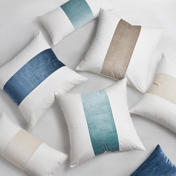 EVERGRACE x Kinsey Walsh Signature Velvet Panel Cotton Pillow Covers Set of 2, Decorative Pillow Covers 22"x22" for Couch, Square Cushion Cases for Sofa Bedroom Living Room, Blue Topaz