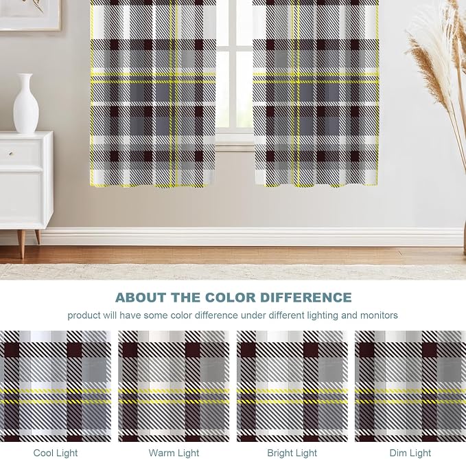 Shrahala Grunge Vintage Art Plaid Blackout Window Curtains, Tartan Grey Thermal Insulated Curtains Grommet Top Window Drapes for Living Room, Bedroom (2 Panels,52 x 63 in)