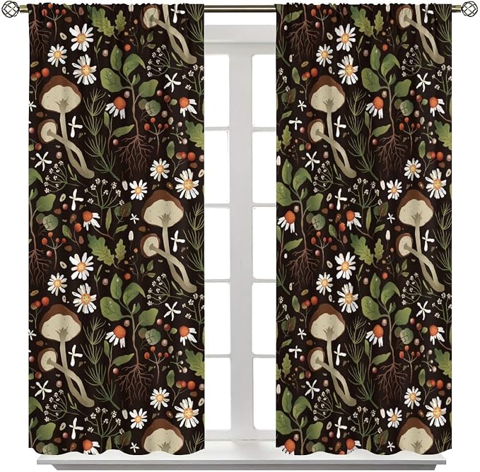 Mushroom Curtains,Green Plant Forest Botanical Print Window Treatments for Bedroom Living Room Kitchen Cartoon Herbs Floral Window Drapes 2 Panels Set,Total Size 42 x 54 Inch