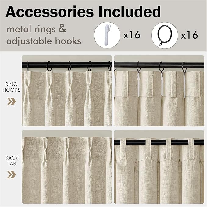 MIULEE Pinch Pleated Thick Linen Curtains 96 Inches Long 2 Panels for Living Room Bedroom, Memory Trained Pleat Drapes Light Filtering Linen Beige Semi Sheer Window Curtains Hooks Rings Back Tab