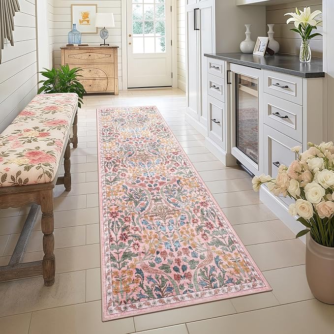 2.6x8 Machine Washable Runner Rug, Kitchen Hallway Area Rug Pink Vintage Boho Floral Ultra Non-Slip Low Pile Soft Faux Wool Carpet Kids and Pets Friendly for Bedroom Entryway Nursery Decor Rug