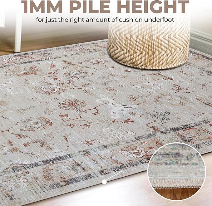 Superior Floral Scroll Washable Runner Rug, Cotton Backing, Carpet for Dining Table Mud Room, Non-Slip Rug for Hallway, Entry, Kitchen, Low Pile Area Rug, Swan Collection, 7' x 10', Cream