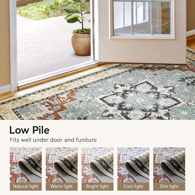 8x10 Area Rugs, Large Area Rug for Living Room, Floral Washable Area Rug for Bedroom, Office, Dining Room, Non-Slip Vintage Boho Rug, Low-Pile Soft Carpet, Traditional Oriental Style, Beige Orange