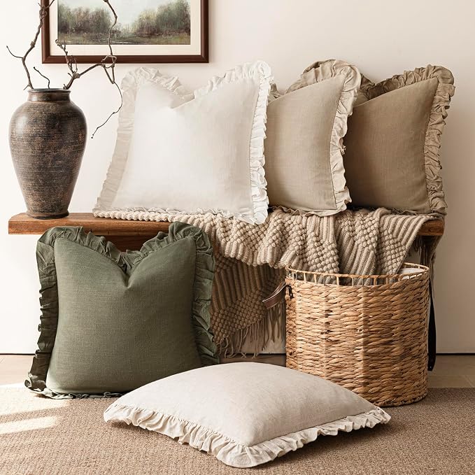 Foindtower Set of 2 Decorative Soild Fringe Ruffle Throw Pillow Covers Soft Boho Farmhouse Cushion Cover Cozy Accent Retro Pillowcase for Couch Sofa Bed Living Room Home Decor,20×20 Inch,Olive Green