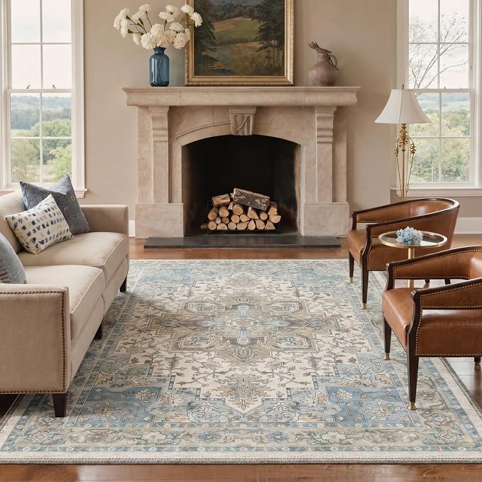GENIMO 2x3 Rug Machine Washable Low Pile Indoor Entryway Mat for Kitchen Entrance Front Door Bathroom with Non Slip Backing Floral Medallion Dusty Blue