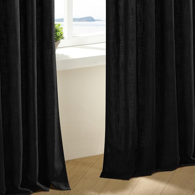 TWODRAPES Black Pinch Pleated Linen Cafe Curtains 45 Inch Length 2 Panels for Dining Room Kitchen Bedroom Semi Sheer Pleat Drapes with Hooks Rings Light Filtering Short Window Curtain Cabinet 40x45