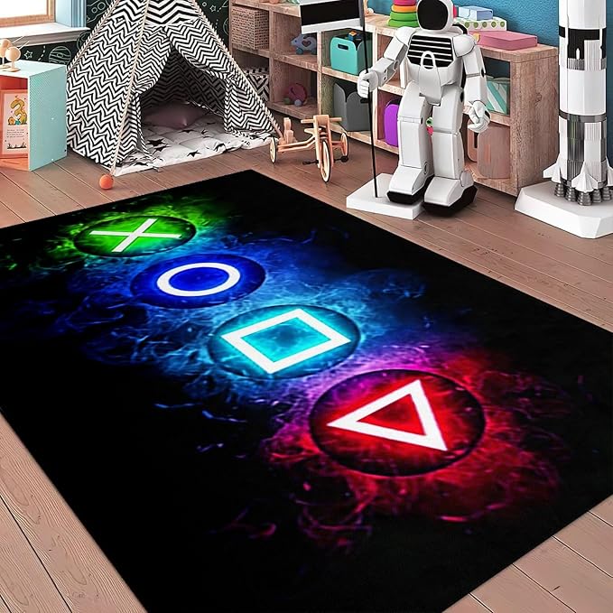 Gaming Rug for Gaming Room 8 x 10 Large Gamer Rug for Boy Bedroom Cool Player Video Games Carpets Child Play Game Console Decorate Boys Teens Floor Mat Black