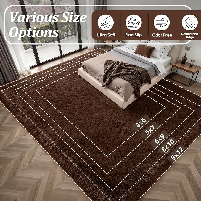 Fluffy 5x7 Area Rugs for Living Room Bedroom: Ultra Soft Shag Rug Non-Slip Non-Shedding Small Plush Bedside Rug Indoor Floor Carpets for Kids Room Playroom Entryway Nursery Dorms Home Decor Brown