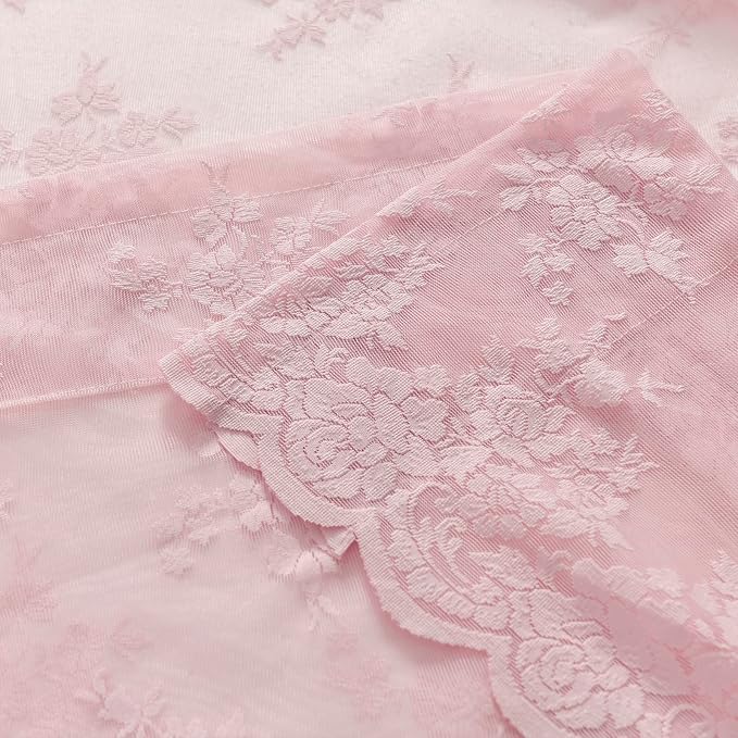 Kotile Pink Lace Curtains 45 Inch Length, 2 Panels, W42 x L45 Inch Each, Country Rustic Floral Short Sheer Lace Curtains for Small Windows, Rod Pocket Privacy Light Filtering Vintage Cafe Curtain