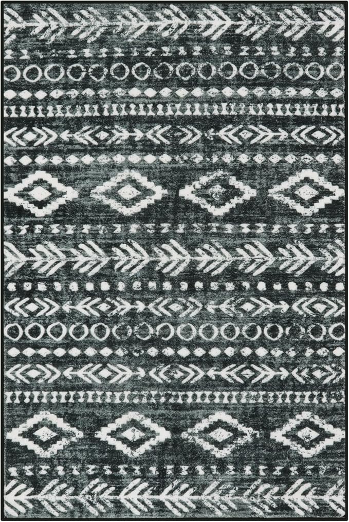 Lahome Boho Moroccan Kitchen Rugs, 4x6 Washable Black White Bedroom Area Rug Low-Pile Soft Office Rug, Non-Slip Tribal Print Pattern Large Entry Rug Indoor Carpet for Living Room Laundry