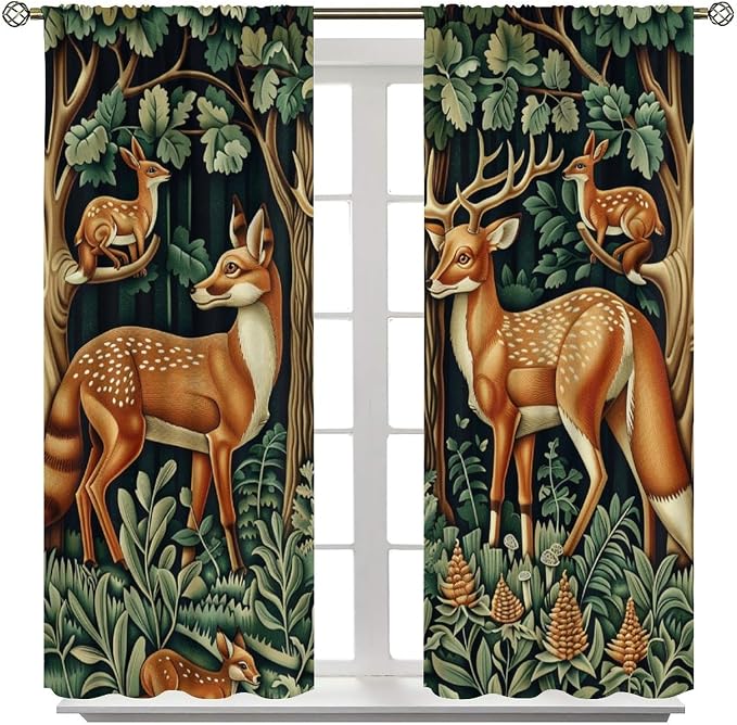 William Morris Blackout Curtains, Retro Forest Deer Animal Rustic Farmhous Window Drapes, for Bedroom Living Room 55" W X 63" L