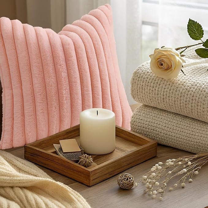 decorUhome Fall Cozy Faux Fur Throw Pillow Covers 16x16 Set of 2 Decorative Plush Striped Modern Farmhouse Boho Couch Pillow Cases with Velvet Back for Sofa Bed Living Room, Blush Pink