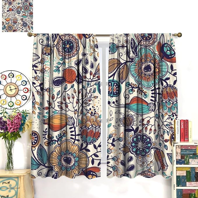 Floral-Print Curtains, Colorful Bohemian Floral and Vintage Botanical Patterns, Blackout Curtains for Bedrooms, Living Rooms, and Kitchens63X72 Inch