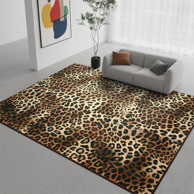 DweIke Leopard Rugs for Living Room, 4x6 Cheetah Print Rug for Bedroom Decor, Washable Non-Slip Stain Resistant Faux Animal Throw Carpet for Dining Room Office Western Home, Dark Brown