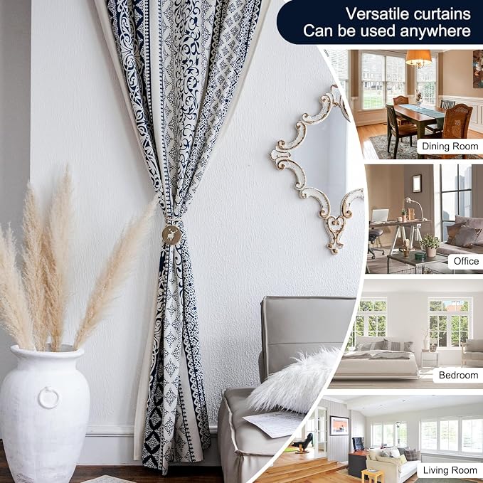 VOGOL Blue Boho Curtains for Living Room, Not See Through Geo Print Decorative Drapes for Kitchen Window, 1 Panel Linen Textured Rod Pocket Curtain for Bedroom, 28 x 84 Inches